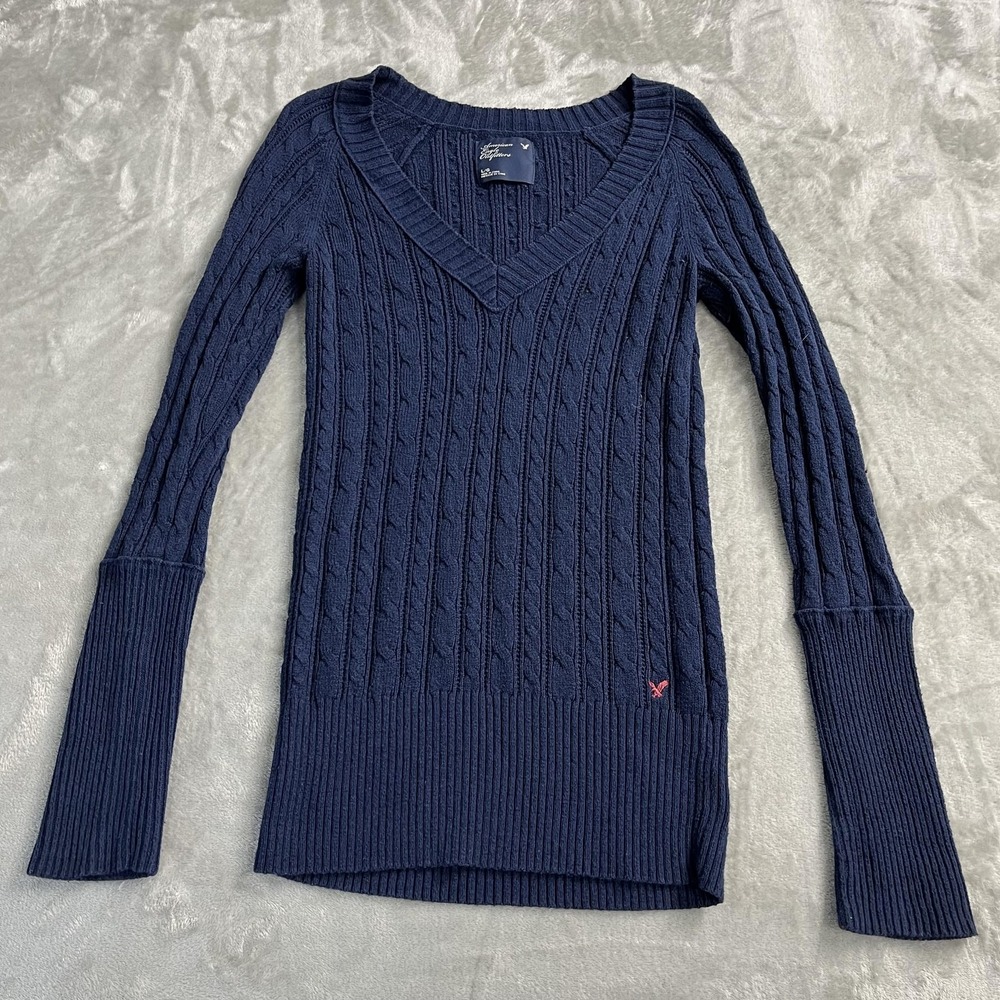 American Eagle Sweater Womens L Blue V Neck Cable Knit Pullover Y2K Icon